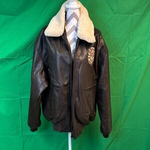 Avirex Vintage Flight Jacket Men's Brown Leather Jacket with Cream Collar